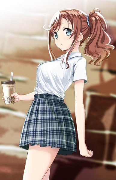 Anime picture 660x1025 with high school fleet ise sakura abe kanari single long hair tall image looking at viewer blush fringe breasts open mouth brown hair standing holding payot ponytail aqua eyes :o shadow depth of field