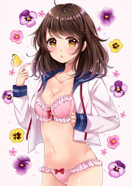Anime picture 841x1182 with original sakura hiyori single long hair tall image looking at viewer blush breasts light erotic brown hair white background brown eyes ahoge :o open shirt sleeves past wrists floral background frilled bra frilled panties girl