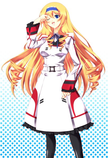 Anime picture 2883x4229 with infinite stratos 8bit cecilia orcott ka2 (artist) single long hair tall image highres open mouth blue eyes simple background one eye closed wink orange hair girl hairband