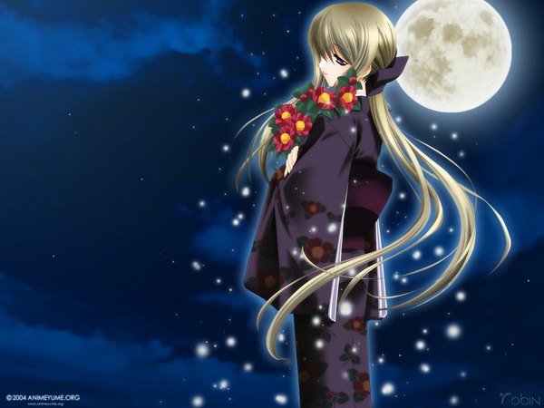 Anime picture 1600x1200 with sky japanese clothes kimono moon tagme