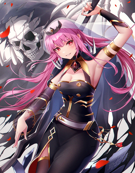 Anime picture 1364x1740 with virtual youtuber hololive hololive english mori calliope mori calliope (1st costume) death-sensei (mori calliope) kenko (a143016) single long hair tall image looking at viewer blush fringe breasts large breasts pink hair blunt bangs nail polish parted lips pink eyes