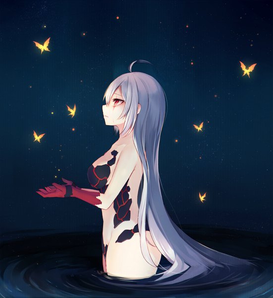 Anime picture 1101x1200 with original muryotaro single long hair tall image fringe breasts light erotic hair between eyes red eyes standing looking away ahoge profile grey hair partially submerged girl water insect butterfly