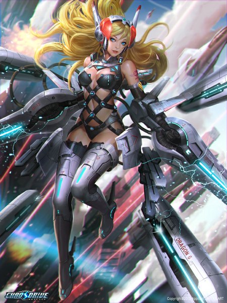 Anime picture 675x900 with chaos drive ria (chaos drive) kilart (artist) single long hair tall image fringe breasts blue eyes light erotic blonde hair large breasts holding looking away sky cleavage cloud (clouds) bent knee (knees) outdoors parted lips