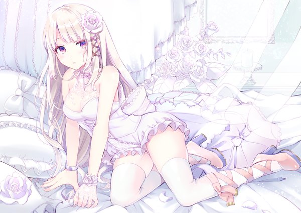 Anime picture 1200x848 with original kashiwabara en single long hair looking at viewer blush fringe breasts light erotic blonde hair large breasts purple eyes bare shoulders payot full body blunt bangs hair flower arm support high heels sleeveless
