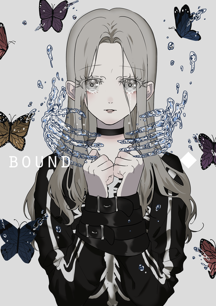Anime picture 1654x2339 with original p (pkochan) single long hair tall image looking at viewer upper body grey hair grey background grey eyes tears bound hands girl choker water belt insect butterfly hands