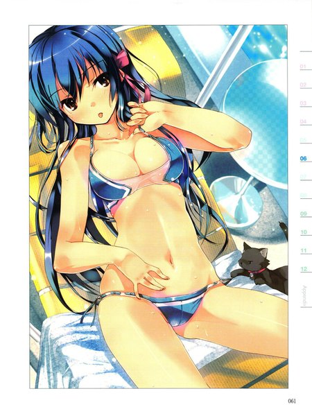 Anime picture 1500x2000 with original refeia single long hair tall image blush highres breasts light erotic sitting bare shoulders brown eyes blue hair lying wet :p girl navel ribbon (ribbons) swimsuit