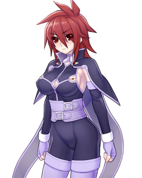Anime picture 640x800 with tales of (series) tales of symphonia kratos aurion folks (nabokof) single long hair tall image looking at viewer blush fringe breasts light erotic simple background hair between eyes red eyes large breasts standing white background cleavage red hair