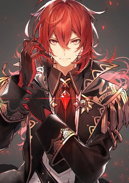 Anime picture 1412x2000 with genshin impact diluc ragnvindr kuwashima rein single long hair tall image looking at viewer fringe hair between eyes red eyes upper body red hair serious adjusting gloves boy gloves necktie tassel multicolored gloves