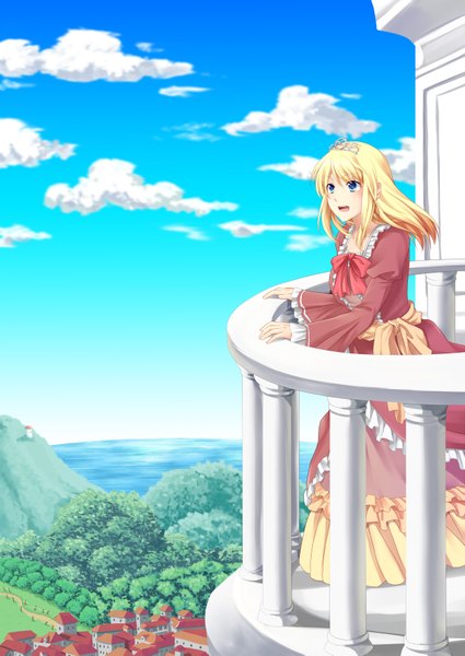 Anime picture 2507x3537 with original asausagi single long hair tall image highres open mouth blue eyes blonde hair looking away sky cloud (clouds) girl dress plant (plants) tree (trees) frills sea tiara
