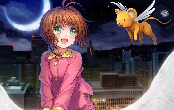 Anime picture 1500x948 with card captor sakura clamp kinomoto sakura mutsuki (moonknives) single blush short hair open mouth brown hair green eyes looking away night flying girl wings moon pajamas