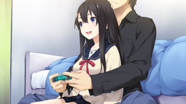 Anime picture 2560x1440 with hana wa oritashi kozue wa takashi long hair highres open mouth blue eyes black hair wide image game cg girl serafuku bed