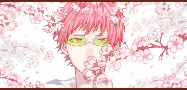 Anime picture 2000x973 with saiki kusuo no psi nan saiki kusuo pirika (rm0315) single looking at viewer highres short hair wide image pink hair pink eyes cherry blossoms letterboxed face covered mouth expressionless boy flower (flowers) petals glasses branch