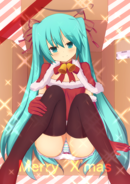Anime picture 1132x1600 with vocaloid hatsune miku hikicha (artist) single tall image blush light erotic smile sitting twintails very long hair aqua eyes aqua hair pantyshot christmas pantyshot sitting merry christmas in container girl thighhighs