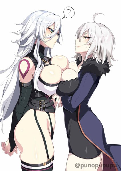 Anime picture 848x1200 with fate (series) fate/grand order fate/apocrypha jeanne d'arc (fate) (all) jeanne d'arc alter (fate) jack the ripper (fate/apocrypha) zeroshiki kouichi long hair tall image blush fringe short hair breasts light erotic simple background smile hair between eyes large breasts standing white background