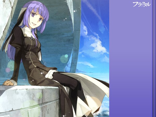 Anime picture 1600x1200 with fractale phryne hidari (left side) single long hair smile purple eyes purple hair cloud (clouds) girl dress pantyhose