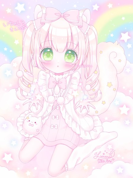 Anime picture 1200x1600 with original himetsuki luna single long hair tall image looking at viewer blush fringe open mouth blonde hair sitting twintails green eyes signed animal ears payot full body tail animal tail :o