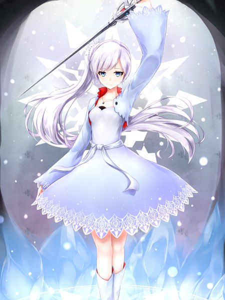 Anime picture 1500x2000 with rwby rooster teeth weiss schnee shots (syottu) single long hair tall image looking at viewer fringe blue eyes standing silver hair arm up floating hair side ponytail girl dress hair ornament ribbon (ribbons) weapon
