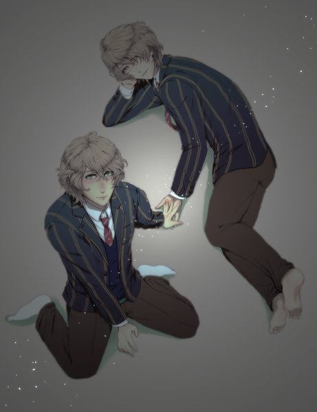 Anime picture 1500x1951 with uta no prince-sama a-1 pictures shinomiya natsuki shinomiya satsuki sukichi tall image fringe short hair blonde hair simple background sitting green eyes lying hair over one eye grey background holding hands striped boy necktie pants