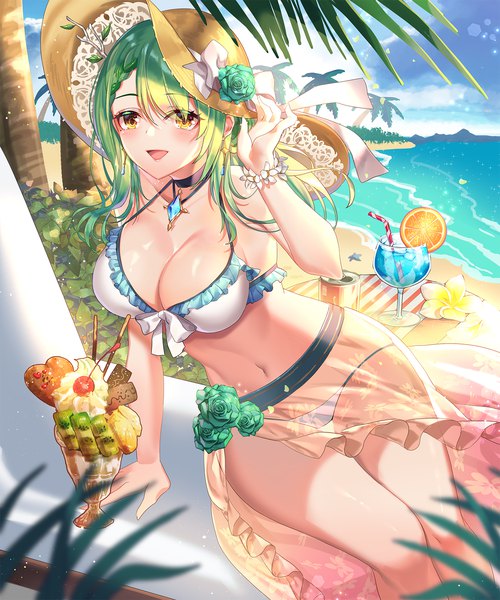 Anime picture 1350x1620 with virtual youtuber hololive hololive english ceres fauna aurora rokudo single long hair tall image looking at viewer blush fringe breasts open mouth light erotic smile large breasts sitting yellow eyes payot sky