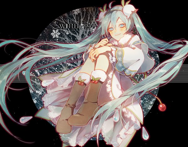 Anime picture 976x762 with vocaloid hatsune miku yuki miku yuki miku (2015) io (sinking=carousel) single blush blue eyes simple background smile twintails looking away ahoge very long hair aqua hair black background winter snowflake print embryo's pose 2014