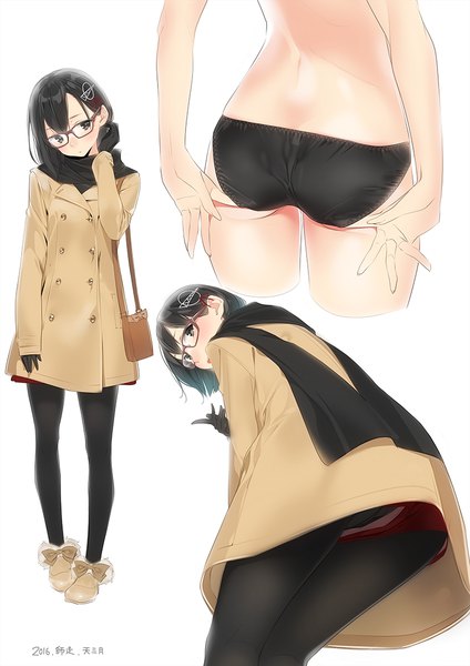Anime picture 777x1100 with kantai collection haguro heavy cruiser ama mitsuki blush fringe short hair open mouth light erotic simple background hair between eyes standing white background signed full body ass head tilt black eyes :o from below leaning