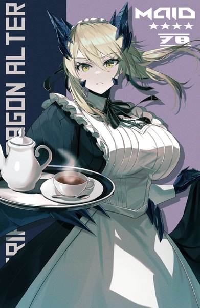 Anime picture 2785x4273 with fate (series) fate/grand order artoria pendragon (all) artoria pendragon (lancer alter) dolce (dolsuke) single tall image looking at viewer fringe highres short hair breasts blonde hair hair between eyes large breasts standing holding yellow eyes parted lips maid