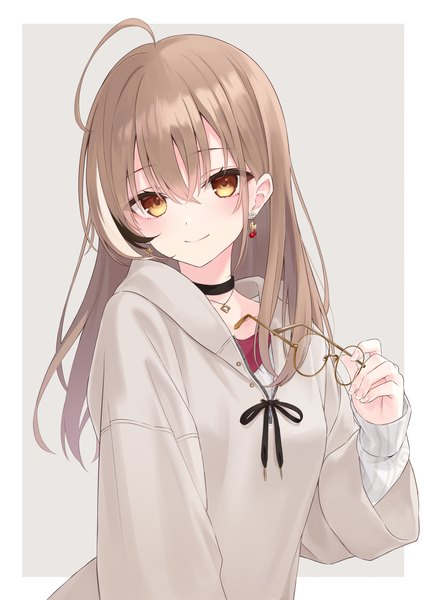 Anime picture 2508x3541 with virtual youtuber hololive hololive english nanashi mumei nanashi mumei (casual) azuuru single long hair tall image looking at viewer blush fringe highres simple background hair between eyes brown hair yellow eyes upper body ahoge long sleeves