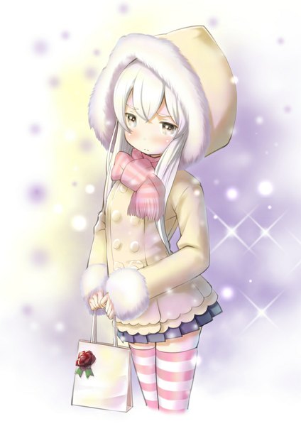 Anime picture 800x1131 with kantai collection shimakaze destroyer rin2008 single long hair tall image brown eyes white hair girl thighhighs skirt jacket scarf hood bag striped thighhighs blue skirt