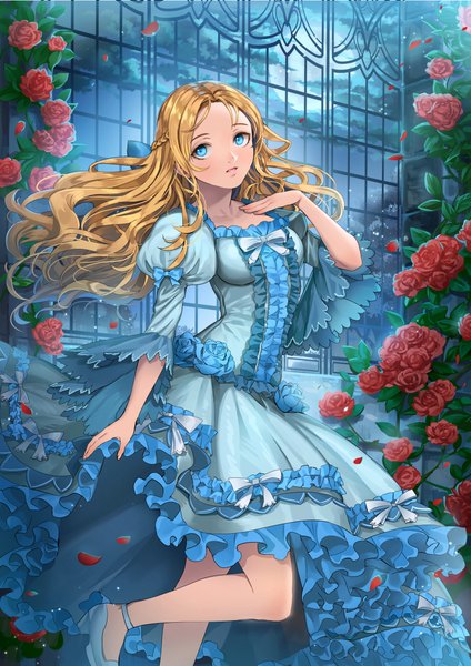 Anime picture 800x1131 with original ells (ellsat) single long hair tall image blush open mouth blue eyes blonde hair standing looking away cloud (clouds) outdoors braid (braids) night puffy sleeves night sky standing on one leg frilled dress girl