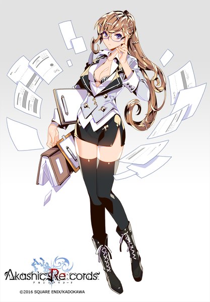 イラスト 600x862 と akashic re:cords オリジナル empew ソロ 長髪 長身像 カメラ目線 おっぱい light erotic 茶色の髪 紫目 cleavage ポニーテール 女の子 ストッキング スカート 黒ストッキング ミニスカート 眼鏡 本