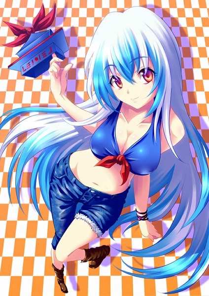 Anime picture 723x1023 with touhou kamishirasawa keine hijikawa arashi single long hair tall image looking at viewer breasts light erotic red eyes blue hair cleavage white hair multicolored hair two-tone hair bare belly streaked hair checkered checkered background girl