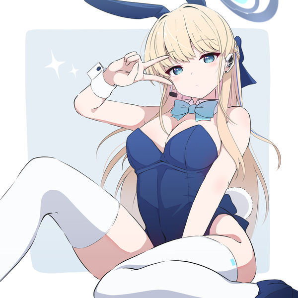 Anime picture 2480x2480 with blue archive toki (blue archive) toki (bunny) (blue archive) gyorui (katsuwo drawing) single long hair looking at viewer blush fringe highres breasts blue eyes light erotic simple background blonde hair sitting bare shoulders animal ears blunt bangs arm up
