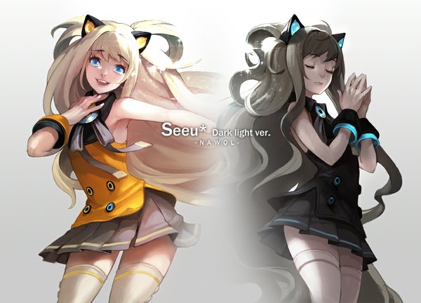 Anime picture 1000x720 with vocaloid seeu nawol long hair fringe open mouth blue eyes blonde hair smile animal ears eyes closed very long hair alternate costume happy dual persona alternate color girl thighhighs uniform school uniform