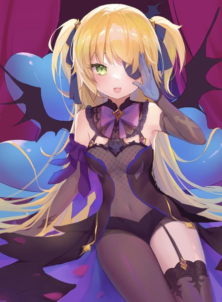 Anime picture 1100x1500 with genshin impact fischl (genshin impact) shumuji single tall image looking at viewer open mouth light erotic blonde hair sitting green eyes very long hair :d arm up two side up covered navel girl thighhighs gloves ribbon (ribbons)