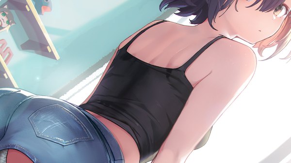 Anime picture 1200x675 with original kagawa ichigo single looking at viewer fringe short hair light erotic black hair hair between eyes wide image standing bare shoulders brown eyes ass indoors looking back from behind sunlight dutch angle back