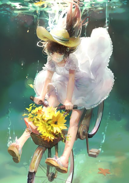 Anime picture 1984x2806 with original moss (2225028) single long hair tall image highres black hair black eyes underwater girl dress flower (flowers) hat sundress bubble (bubbles) ground vehicle bicycle