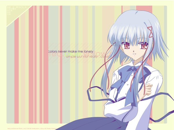 Anime picture 1600x1200 with sola morimiya aono single fringe short hair red eyes payot looking away silver hair light smile wallpaper text striped english framed vector striped background girl ribbon (ribbons) hair ribbon