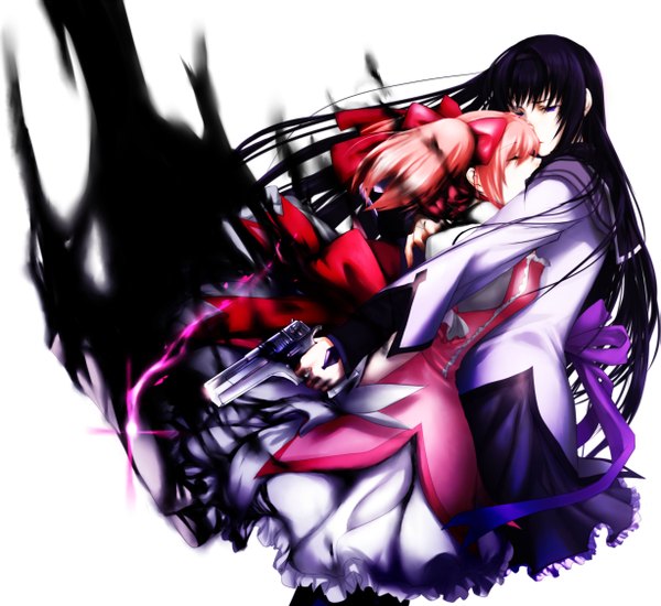 Anime picture 2454x2252 with mahou shoujo madoka magica shaft (studio) akemi homura kaname madoka kzcjimmy long hair highres short hair black hair purple eyes multiple girls pink hair girl bow 2 girls gun