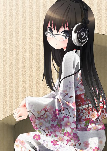 Anime picture 1173x1658 with original nekobaka long hair tall image looking at viewer blush black hair japanese clothes grey eyes girl glasses kimono headphones