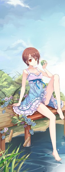 Anime picture 587x1534 with original jin young-in tall image short hair red eyes brown hair sitting sky cloud (clouds) barefoot bare legs legs girl dress flower (flowers) plant (plants) water grass sundress fruit