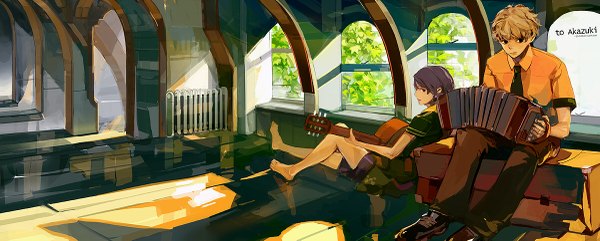 Anime picture 1200x483 with original panamaman short hair blonde hair wide image sitting barefoot grey hair boy necktie shorts guitar