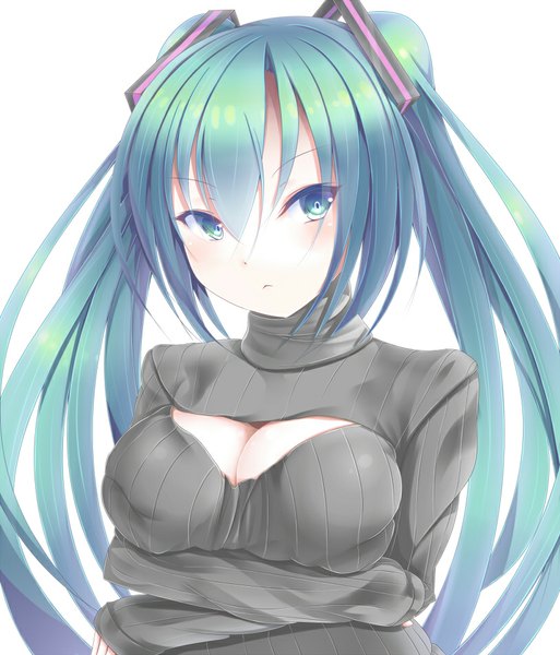 Anime picture 814x952 with vocaloid hatsune miku isshiki (ffmania7) single tall image looking at viewer light erotic white background twintails very long hair aqua eyes aqua hair breast hold girl hair ornament sweater turtleneck open-chest turtleneck