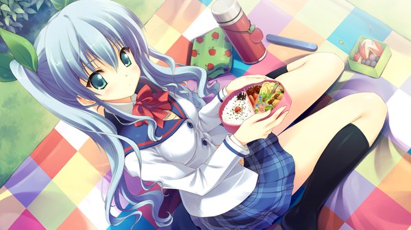 Anime picture 1280x720 with hoshi no ouji-kun ringo aoi qp:flapper long hair wide image twintails green eyes blue hair game cg girl socks serafuku food black socks