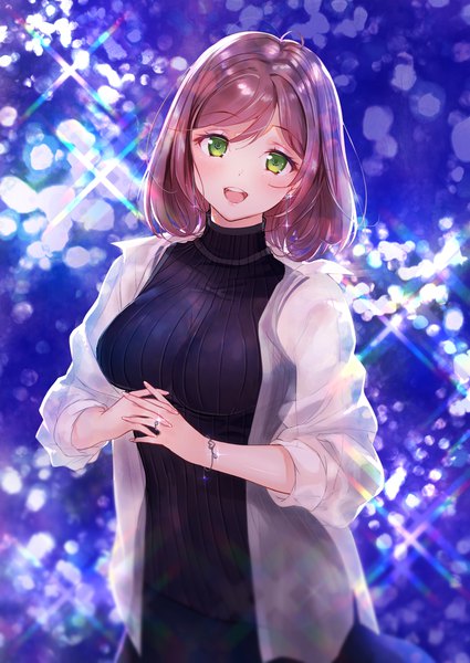 Anime picture 2508x3541 with original nyan5000g single tall image looking at viewer highres short hair open mouth brown hair green eyes :d sparkle underwater interlocked fingers girl earrings bracelet ring wedding band