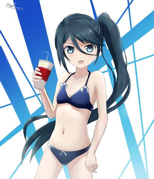 Anime picture 1500x1740 with hataraku maou-sama! white fox kamazuki suzuno lightindark4 (artist) single long hair tall image looking at viewer blush open mouth blue eyes black hair bare shoulders side ponytail girl navel swimsuit bikini disposable cup