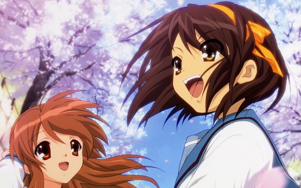 Anime picture 2560x1600 with suzumiya haruhi no yuutsu kyoto animation suzumiya haruhi asahina mikuru sakura hime highres wide image girl