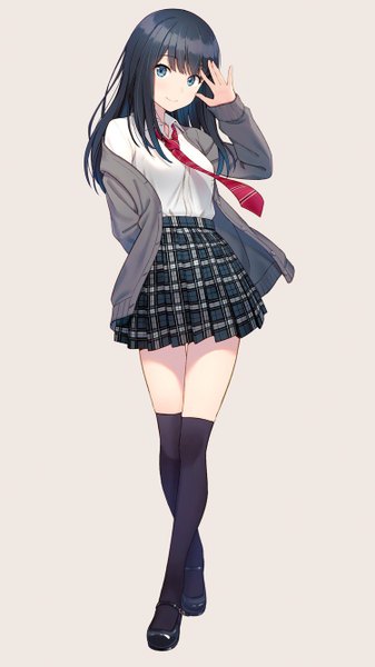 Anime picture 750x1334 with original hyuuga azuri single long hair tall image looking at viewer fringe blue eyes black hair simple background smile full body pleated skirt arm up grey background zettai ryouiki plaid skirt arm behind back girl thighhighs