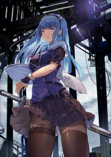 Anime-Bild 1190x1684 mit original mosta (lo1777789) single long hair tall image looking at viewer fringe breasts blue eyes standing holding payot blue hair sky cloud (clouds) outdoors pleated skirt multicolored hair wind two-tone hair