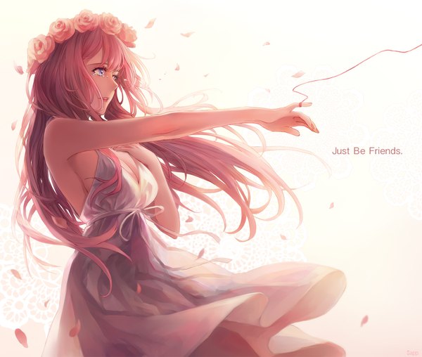 Anime picture 1417x1200 with vocaloid just be friends (vocaloid) megurine luka sapphirez39 single long hair fringe breasts blue eyes simple background hair between eyes large breasts standing white background looking away pink hair cleavage nail polish parted lips wind