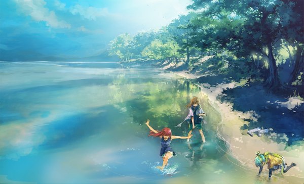 Anime picture 1200x729 with original nuriko-kun (artist) long hair short hair open mouth brown hair wide image multiple girls sky cloud (clouds) red hair green hair kneeling reflection spread arms landscape girl dress plant (plants) tree (trees)